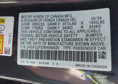 2024 Honda Civic Sport z USA, uszkodzony, nr VIN 2HGFE2F53RH584026